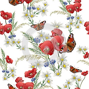Red poppies, butterflies and field grass on a white background.
